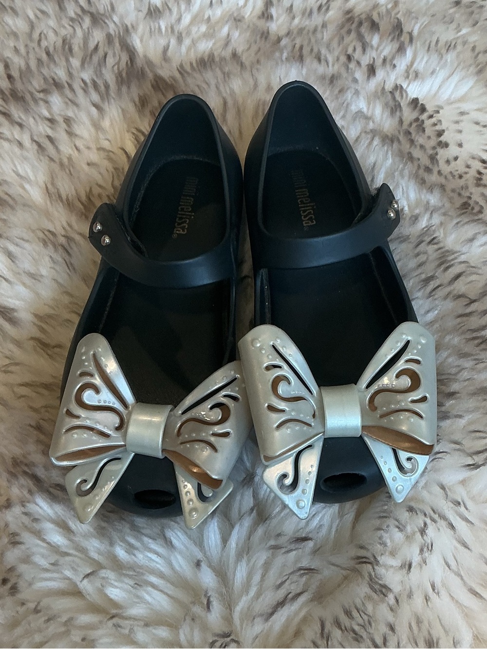 Mini Melissa Black Jelly Mary Janes with Gold Decorative Bows